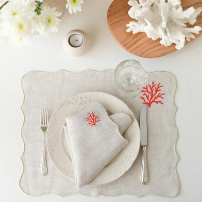 Serviette + Set de table en lin brodé corail rouge (37 x 47) cm