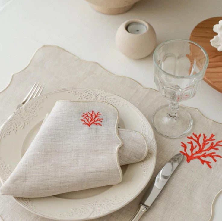 Serviette + Set de table en lin brodé corail rouge (37 x 47) cm