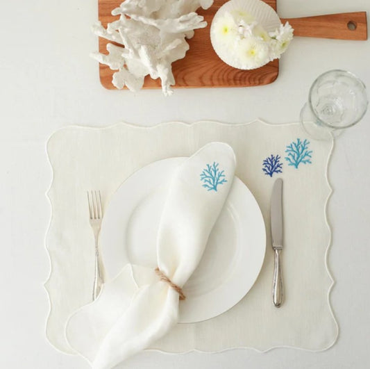 Serviette + Set de table en lin brodé mouette Corail turquoise (40 x 40) cm