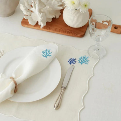 Serviette + Set de table en lin brodé mouette Corail turquoise (40 x 40) cm