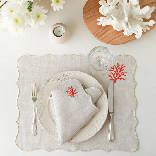 Serviette + Set de table en lin brodé corail rouge (37 x 47) cm